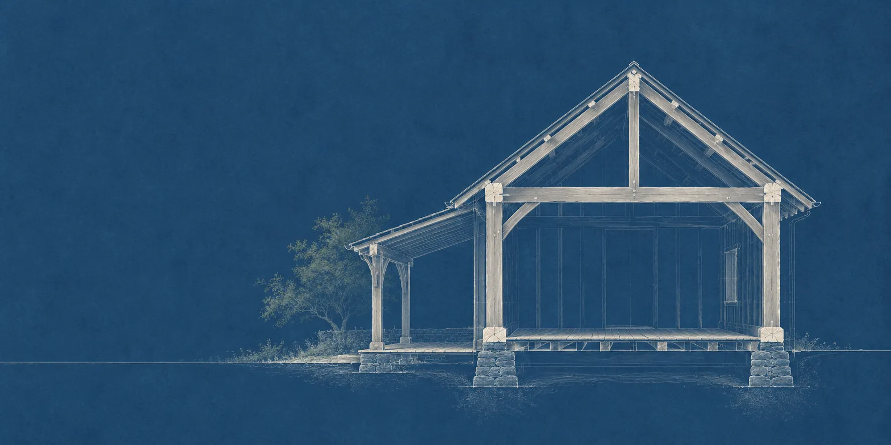 A cyanotype section drawing of a timber hall